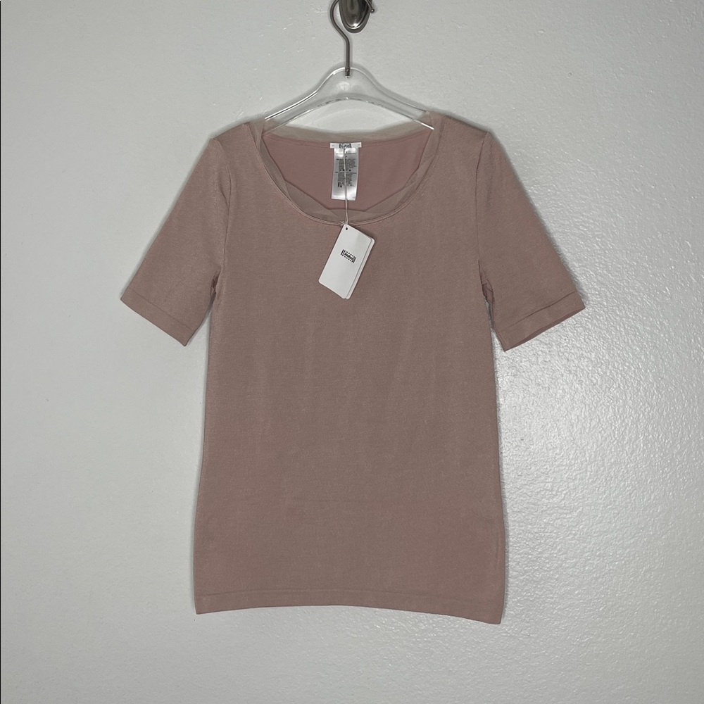New Wolford Pink Nude Short Sleeve Scoop Tulle Trim Neck Stretch Top Size Small - Picture 1 of 5